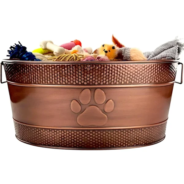 Metal Dog Toy Bin - Copper Bin with Handles